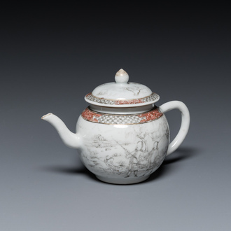 Théière couverte en porcelaine de Chine à décor de chasseurs européens en grisaille, Yongzheng