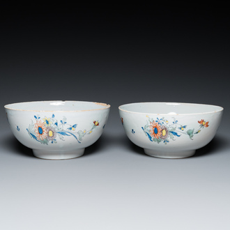 A pair of polychrome English Delftware punch bowls, probably Bristol, ca. 1740