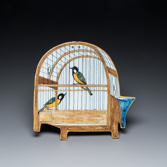 Rare plaque en faïence polychrome de Delft en forme d'un cage à deux oiseaux, 18ème