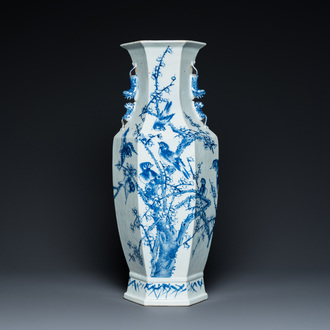 A Chinese blue and white hexagonal 'magpie and plum blossom' vase, 19th C.