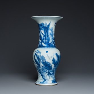 A Chinese blue and white 'yenyen' vase with figures in a landscape, 19/20th C.