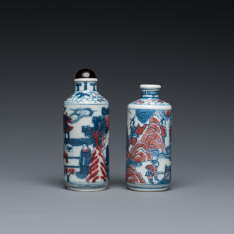 Two Chinese blue, white and copper-red snuff bottles, Yongzheng mark, 19th C.