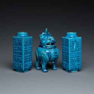 A pair of Chinese monochrome turquoise-glazed 'cong' vases and a 'luduan' censer, 19/20th C.