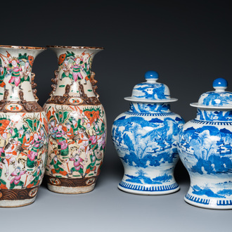 A pair of Chinese blue and white covered vases and a pair of Nanking famille rose vases, 19th C.