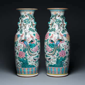 A pair of Chinese famille rose 'phoenixes and pheasants' vases, 19th C.