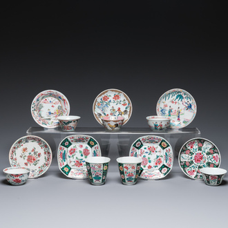 Seven Chinese famille rose cups and saucers, Yongzheng/Qianlong