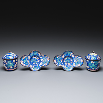 A pair of Chinese blue-ground Canton enamel covered bowls on stands, Qianlong