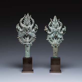 A pair of Khmer bronze ornaments showing dancing Apsaras in Bayon-style, Cambodia, Angkor period, 13th C.