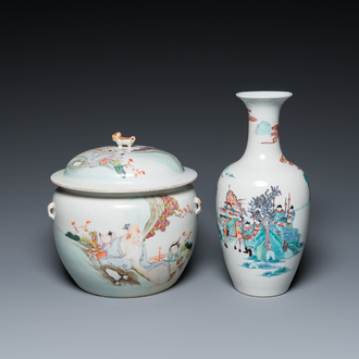 Een Chinese doucai vaas en een qianjiang cai dekselpot, 19/20e eeuw