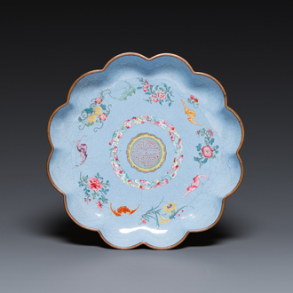 A Chinese lavender blue-ground Beijing or Canton enamel 'Shou' dish, Wan Yan Tang Zhi 萬延堂製 mark, 18/19th C.