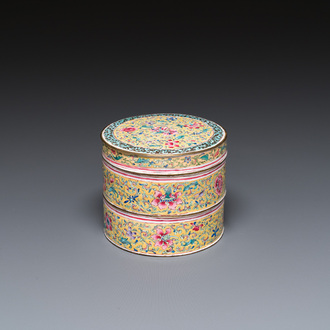 A Chinese yellow-ground Canton enamel stacking box and cover, Qianlong