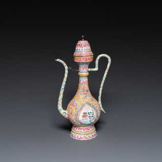 A large Chinese yellow-ground Canton enamel ewer and cover, Qianlong