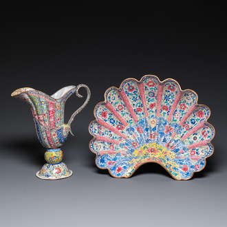 A Chinese Canton enamel helm-shaped ewer with shell-shaped basin, Yongzheng/Qianlong