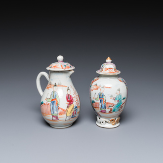 Une boîte à thé et une verseuse couverte en porcelaine de Chine famille rose à sujet mandarin, Qianlong