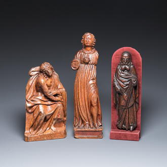 Three wood sculptures of the Pensive Christ, Antonius the Great and a saint, 16th C.