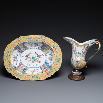 A Chinese Canton enamel helm-shaped ewer with shell-shaped basin, Qianlong