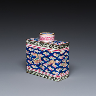 A Chinese rectangular Canton enamel tea caddy and cover, Qianlong