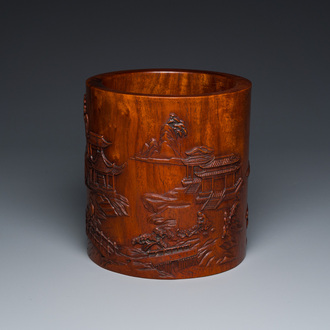 A large Chinese huali wood brush pot with scholars in a landscape, 20th C.