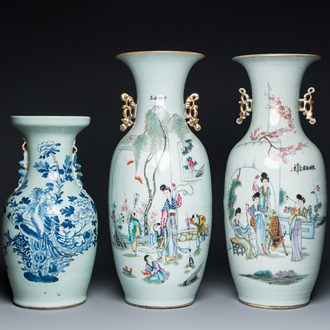 Deux vases en porcelaine de Chine famille rose et un vase à fond céladon, 19/20ème