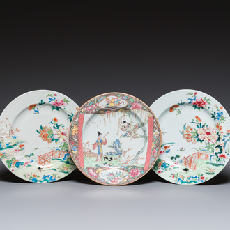 Three Chinese famille rose plates, Yongzheng/Qianlong