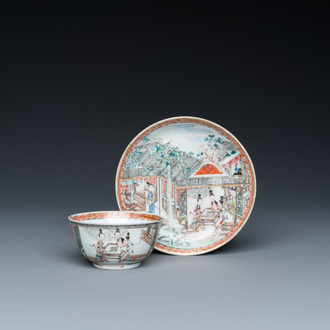 Tasse et soucoupe en porcelaine de Chine famille rose à décor de joueurs de go, Yongzheng