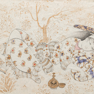 Persian school, miniature after Rizza Abassi: 'Lady at rest in a garden'