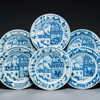 Six plats en porcelaine de Chine en bleu et blanc à décor d'une scène du 'Xi Xiang Ji', Kangxi