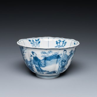 Bol en porcelaine de Chine en bleu et blanc à décor de personnages dans un paysage, marque de Chenghua, Kangxi