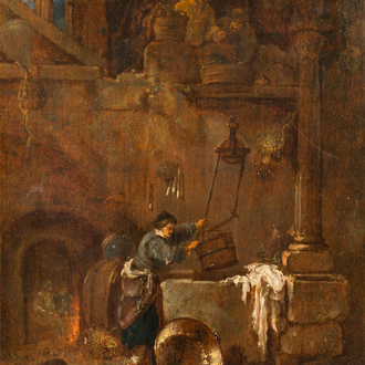 Willem Kalf (1619/22-1693, attribué à): 'Servante au puits', huile sur panneau