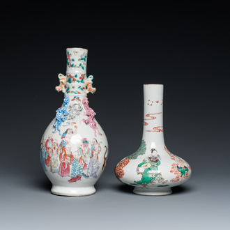 A Chinese famille rose '18 Luohan' bottle vase and a famille verte vase, Kangxi mark, 19th C.