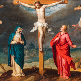Antwerp school, 16th C.: 'Crucifixion of Christ', oil on copper