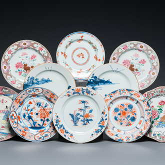 Ten Chinese blue and white, famille rose and verte plates, Kangxi and later