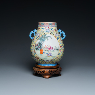 A Chinese yellow-ground famille rose 'hu' vase with playing boys, Qianlong mark, Republic