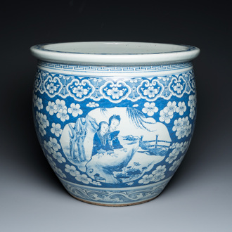 A Chinese blue and white fish bowl with medallions on a prunus-ground, 19th C.