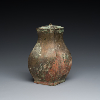 A small Chinese bronze ritual 'fang hu' vessel and cover, Warring States Period