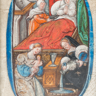 Miniatuur op papier: 'Geboorte van de maagd', deel van een gehistorieerde initiaal uit een verlucht manuscript, 15e eeuw