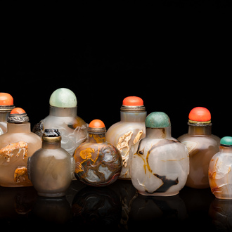 Nine Chinese agate snuff bottles, 19/20th C.