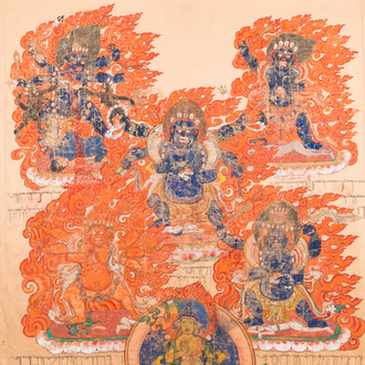 Thangka en soie figurant Mahakala, Tibet, 19ème