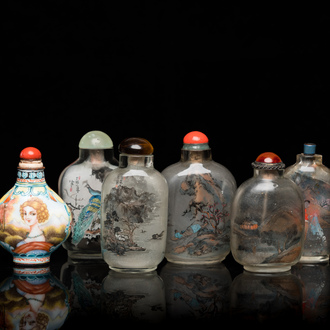 Five Chinese inside-painted glass snuff bottles and one in Canton or Beijing enamel, 19/20th C.