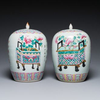 Two Chinese famille rose jars and covers with censers holding flowers, 19th C.