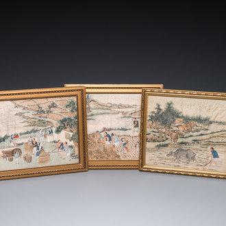 Chinese school: 'Drie scènes uit de rijstproductie', inkt en kleur op zijde, 19e eeuw
