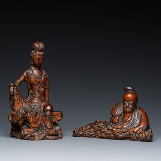 Deux sculptures en bois figurant Guanyin et Tudigong, Chine, Qing