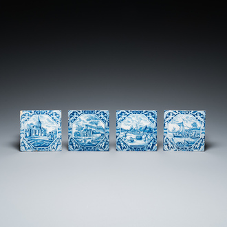 Quatre carreaux en faïence de Delft en bleu et blanc aux paysages avec chérubins dans les coins, 18ème