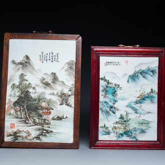 Deux plaques en porcelaine de Chine qianjiang cai, signées Wang Yunshan 汪雲山 et Wang Shu 王樞, datées 1932 et 1937