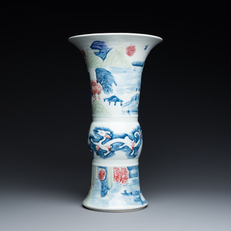 Een Chinese blauw-witte, celadon en onderglazuur rode 'yenyen' vaas, Kangxi merk, Qing