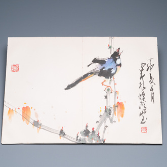 Ecole chinoise: Album de douze peintures aux signatures de célébrités comme Zhao Shaoang 趙少昂, encre et couleurs sur papier, daté 1944