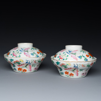 A pair of Chinese famille rose 'butterfly' bowls and covers, Jiaqing mark, 19th C.