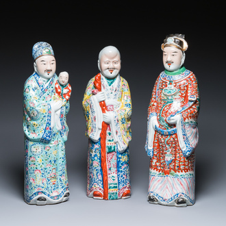 Three Chinese famille rose figures of star gods, seal marks, 19/20th C.