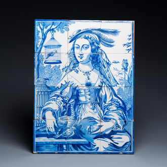 Tableau de carreaux en faïence de Delft en bleu et blanc à décor d'une femme et ses oiseaux, 19ème