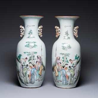 A pair of Chinese famille rose vases, signed Yu Yongfeng 余永豐, dated 1922